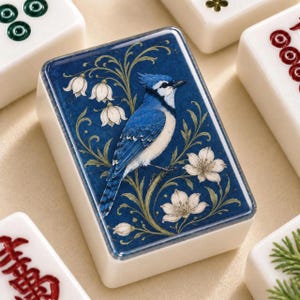 Könnte beinhalten: Ein rechteckiger Mahjong-Spielstein mit einer Illustration eines Blauhähers auf dunkelblauem Grund, umgeben von weißen Blumenmotiven und grünen Stielen. Der Spielstein hat einen glatten, cremeweißen Rand und ist von weiteren Spielsteinen umgeben.