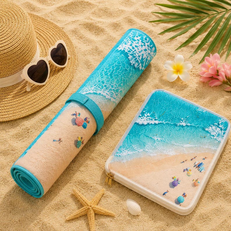 May include: A rolled beach mat and a rectangular zippered case, both featuring a printed design of turquoise ocean waves meeting a sandy shore with small beach umbrellas. A straw hat with heart-shaped sunglasses and a starfish are nearby.