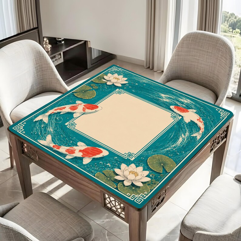 Mata do mahjonga Koi Pond, mata na stół do mahjonga Teal Lotus, elegancki prezent do mahjonga w stylu azjatyckiego ogrodu, antypoślizgowa osłona na stół, wysyłana w rolkach zdjęcie 3