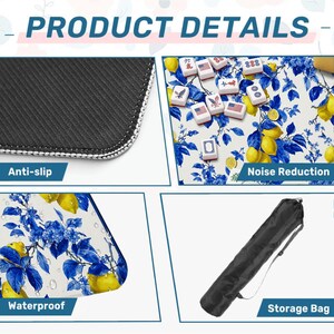 May include: Product details image showing a black anti-slip surface, a floral pattern with lemons and blue flowers, and a black storage bag. The image also shows the words "Anti-slip", "Noise Reduction", "Waterproof", and "Storage Bag".