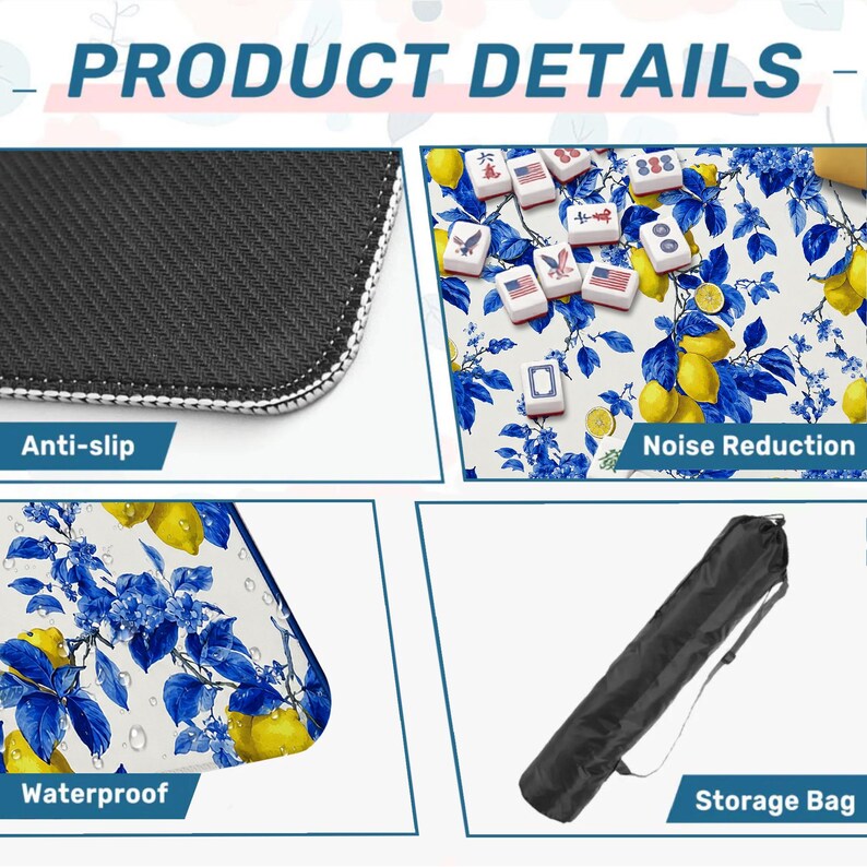 May include: Product details image showing a black anti-slip surface, a floral pattern with lemons and blue flowers, and a black storage bag. The image also shows the words "Anti-slip", "Noise Reduction", "Waterproof", and "Storage Bag".