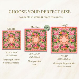 May include: Square table mats with a flamingo and floral design are displayed in three sizes: small (20.9 x 20.9 inches), medium (31.5 x 31.5 inches), and large (33 x 33 inches). The text reads "CHOOSE YOUR PERFECT SIZE".