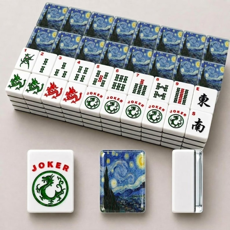 May include: A set of mahjong tiles featuring a Starry Night art print on the backs. The front faces display numbers one through nine in green and red, Joker tiles with green dragon emblems, and tiles with the Chinese characters for East and South.