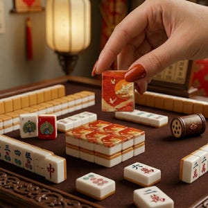 May include: A close-up of a Mahjong set with various tiles. One tile is being held up, displaying a red background with a sun and birds. Other tiles are arranged on a brown surface. The set includes tiles with peacock designs and Chinese characters.