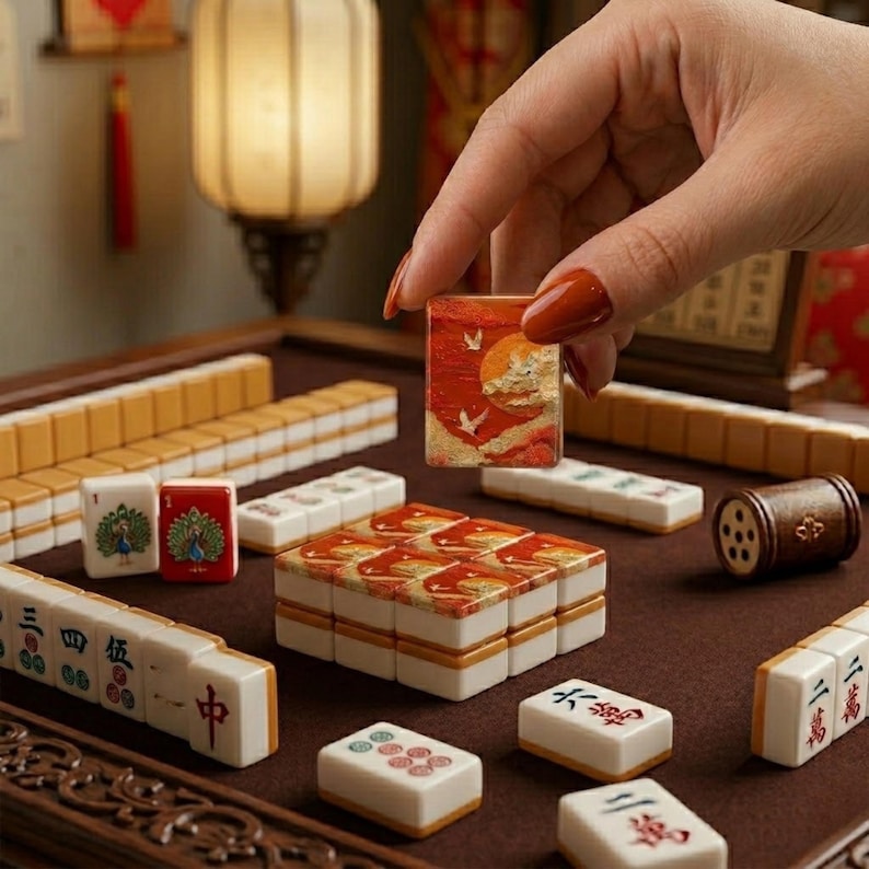 May include: A close-up of a Mahjong set with various tiles. One tile is being held up, displaying a red background with a sun and birds. Other tiles are arranged on a brown surface. The set includes tiles with peacock designs and Chinese characters.