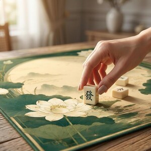 May include: A rectangular game mat featuring a cream and dark green lotus flower illustration with a large circular moon motif. Small off-white rectangular game tiles with black Chinese characters are placed on the mat surface.