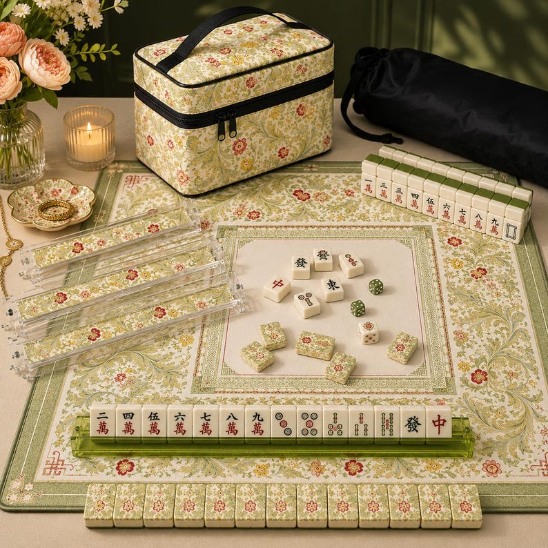 May include: A Mahjong set featuring cream-colored tiles with red, green, and black characters, a floral patterned play mat, four clear acrylic tile racks, a matching floral storage case, two green dice, and a black drawstring bag for storage.
