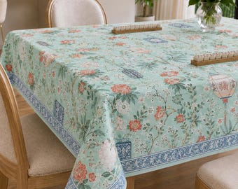 Aqua Mahjong Tablecloth, Chinoiserie Floral Table Cover, Asian Inspired Americana Waterproof Dining Cover