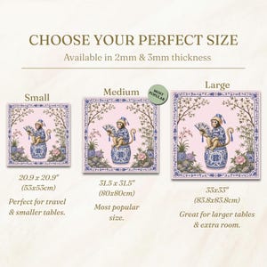 May include: The image displays three square decorative tiles with a pink background and a monkey design. The tiles are available in small (20.9 x 20.9 inches), medium (31.5 x 31.5 inches), and large (33 x 33 inches) sizes. The text reads "CHOOSE YOUR PERFECT SIZE."