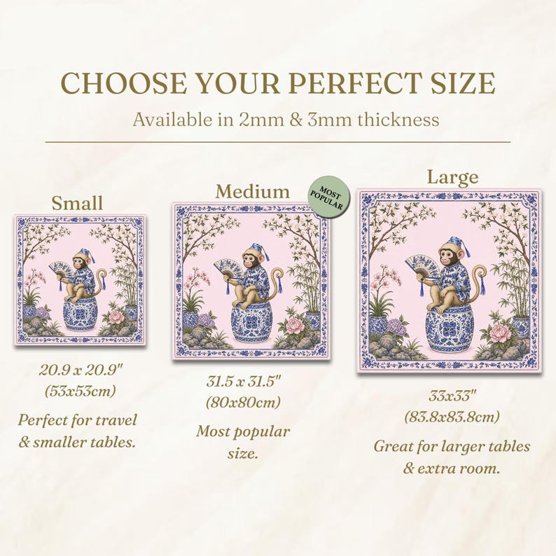 May include: The image displays three square decorative tiles with a pink background and a monkey design. The tiles are available in small (20.9 x 20.9 inches), medium (31.5 x 31.5 inches), and large (33 x 33 inches) sizes. The text reads "CHOOSE YOUR PERFECT SIZE."