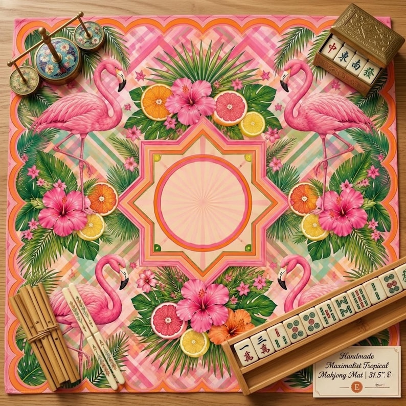 May include: A handmade tropical Mahjong mat, 31.5 inches square, featuring pink flamingos, hibiscus flowers, and citrus fruits. The mat has a central starburst design and includes Mahjong tiles and accessories. The text on the mat reads "Handmade Maximalist Tropical Mahjong Mat | 31.5" E".