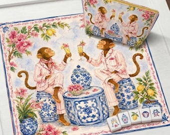 Preppy Monkey Mahjong Mat with Ginger Jar| Monkeys Drinking Cocktails| Summer Party Table Accessory | Anti-Slip Table Protection Cover