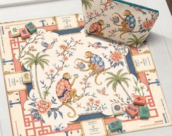 Tapete de Mahjong con diseño de mono estilo chinoiserie con instrucciones (reglas de Charleston), decoración artística original para jardín, mantel antideslizante, se envía enrollado.