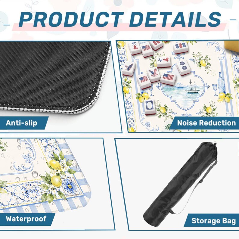 Peut inclure: L'image pr&eacute;sente un jeu de Mahjong, comprenant un tapis de jeu avec un motif de citron et floral, des tuiles et un sac de rangement noir. Le tapis offre des propri&eacute;t&eacute;s antid&eacute;rapantes, de r&eacute;duction du bruit et d'&eacute;tanch&eacute;it&eacute;. Le texte "PRODUCT DETAILS" est en haut.