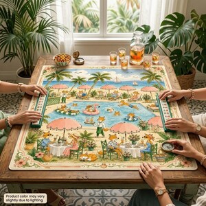 May include: A square mahjong table mat featuring a colorful illustration of foxes at a beach resort with palm trees, pink umbrellas, and a swimming pool. The mat has a decorative floral border and is positioned on a wooden table with game tiles.
