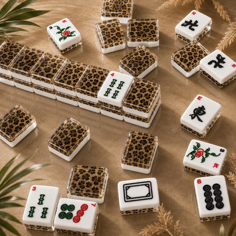 Puede incluir: Una colecci&oacute;n de fichas de Mahjong blancas y con estampado de leopardo dispuestas sobre una superficie marr&oacute;n claro. Algunas fichas presentan caracteres chinos y dise&ntilde;os florales. Las piezas del juego son una mezcla de formas rectangulares y cuadradas.