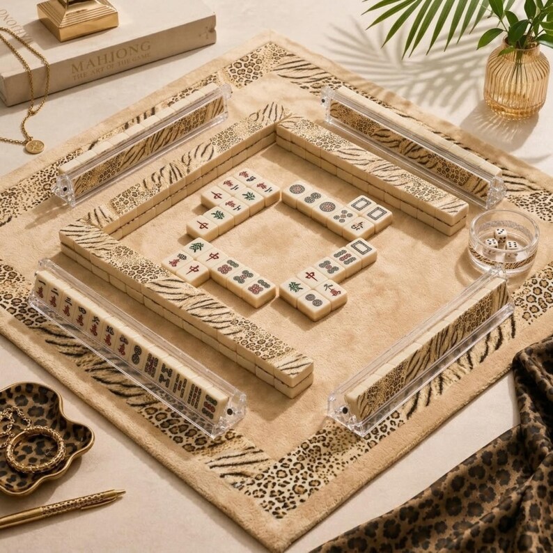 May include: A mahjong set featuring cream-colored tiles with black, red, and green symbols, arranged on a tan mat with a leopard and tiger print border. The set includes four clear acrylic tile racks and a small clear bowl containing dice.