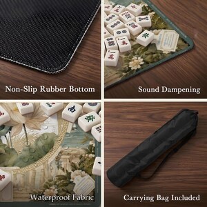 May include: A rectangular mahjong mat featuring a floral and architectural print with white tiles. The mat has a non-slip rubber bottom, sound dampening properties, and a waterproof fabric surface. A black carrying bag is included for storage.