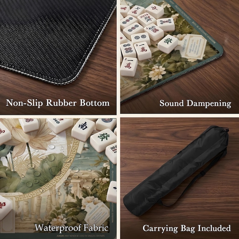 May include: A rectangular mahjong mat featuring a floral and architectural print with white tiles. The mat has a non-slip rubber bottom, sound dampening properties, and a waterproof fabric surface. A black carrying bag is included for storage.