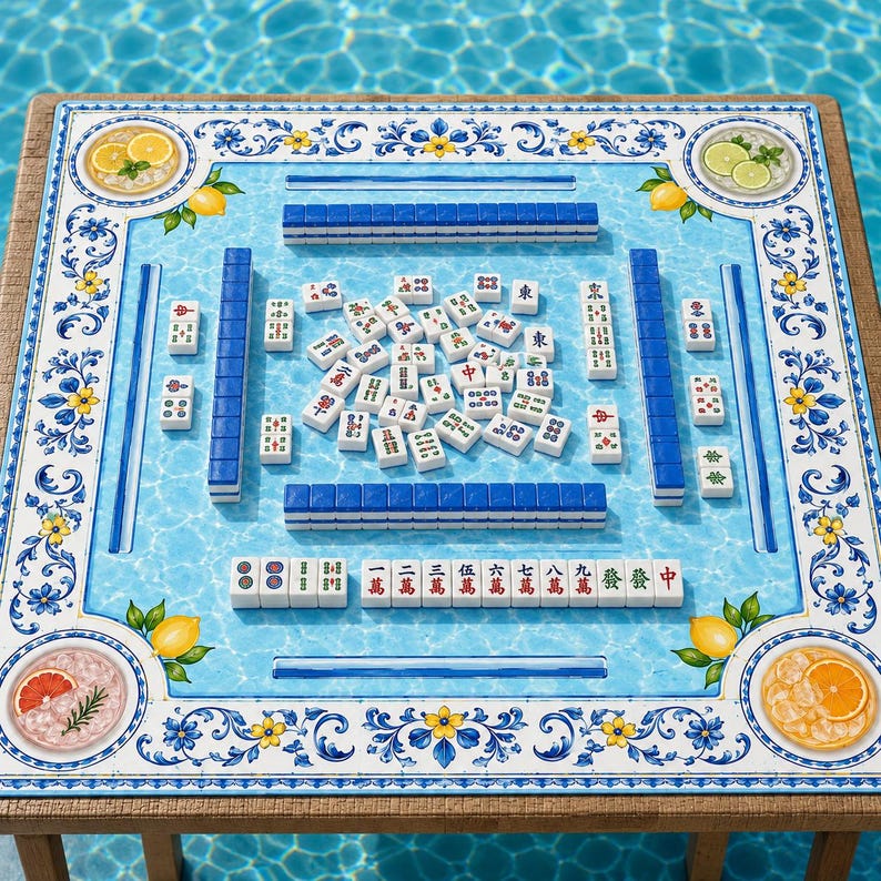 Mahjong Pool Set Mediterranean Tile Mahjong Mat, Pool Party Mah Jongg Table Cover ...