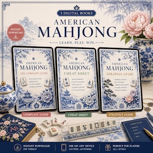 May include: Three digital books titled American Mahjong: The Complete Guide, Cheat Sheet, and Strategy Guide. The covers feature blue and white floral patterns, pagoda illustrations, and Mahjong tiles. Includes a rack with tiles and a game plan card.