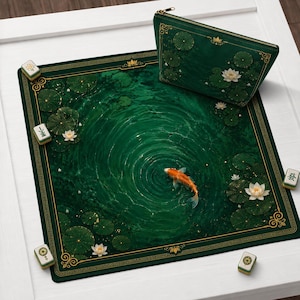 Koi Fish Mahjong Mat with Instructions (Rules)– Emerald Green Jade Table Mat – Lotus Pond Decor – Non-Slip Cover – Rolled Shipping Available