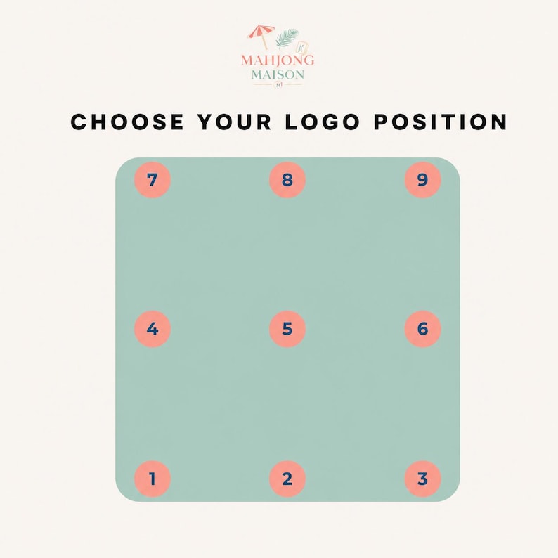 May include: A light green square graphic featuring the text "CHOOSE YOUR LOGO POSITION" and the "MAHJONG MAISON" logo. Nine pink circles numbered one through nine are arranged in a three-by-three grid pattern to indicate placement options.