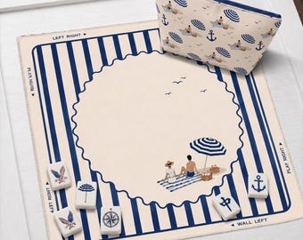 Minimal Coastal Mahjong Mat with Basic Instruction | Blue White Stripe Beach Club Mahjong Playing Mat | Hamptons Style Game Mat Gift