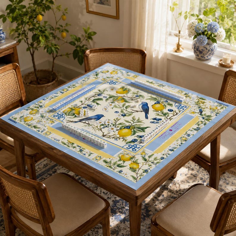 Puede incluir: Una mesa de mahjong cuadrada de madera con una parte superior decorativa con limones, p&aacute;jaros azules y motivos florales. La mesa est&aacute; rodeada de cuatro sillas de madera con respaldos tejidos. La mesa est&aacute; lista para un juego.