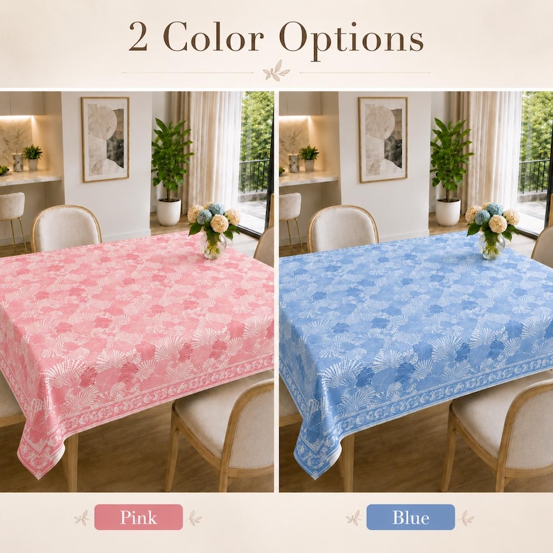 May include: A rectangular tablecloth featuring a white botanical pattern of leaves and flowers. The image displays two color options: a soft pink version and a light blue version. Each tablecloth is draped over a dining table with chairs.