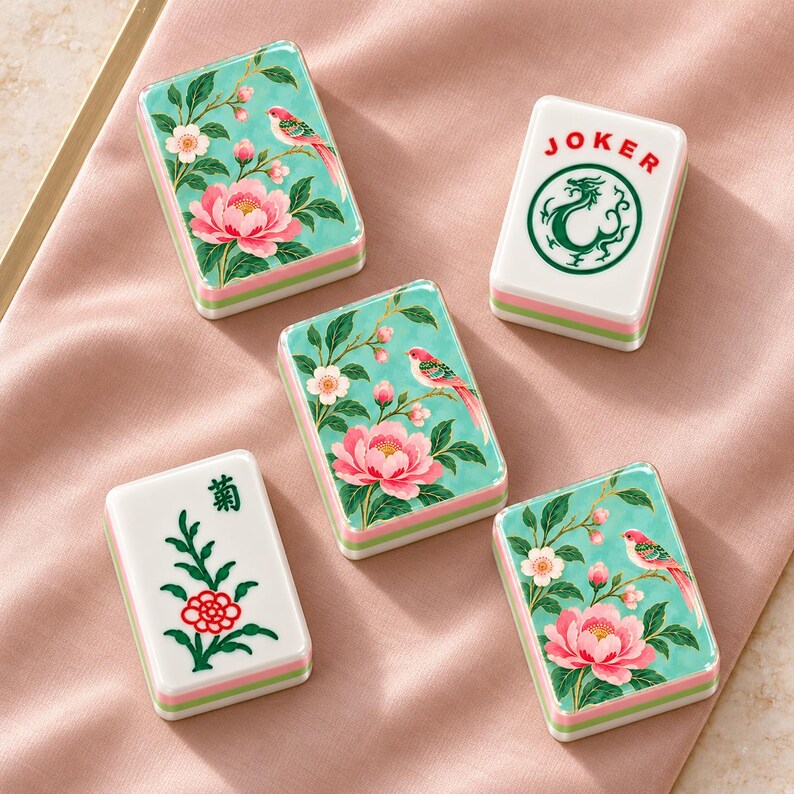 May include: Five rectangular mahjong tiles with a layered white, pink, and green base. Three tiles feature a teal background with pink flowers and a bird. One white tile displays a green dragon and the word JOKER. One white tile shows a red flower.