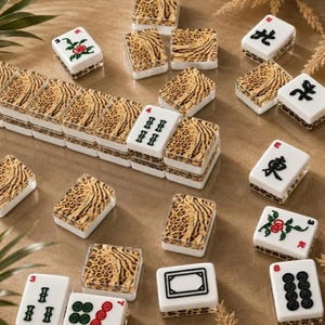 Könnte beinhalten: Eine Sammlung rechteckiger Mahjong-Spielsteine mit weißen Vorderseiten, die schwarze, rote und grüne Tintensymbole wie Schriftzeichen, Kreise und florale Muster zeigen. Die Rückseiten der Spielsteine weisen ein braun-schwarzes Leopardenmuster auf.