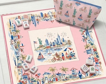 Patriotic Coastal Scene Mahjong Mat – Red, White & Blue Illustration, – 4th of July Decor – Non-Slip Table Protection Cover, SHIPS ROLLED