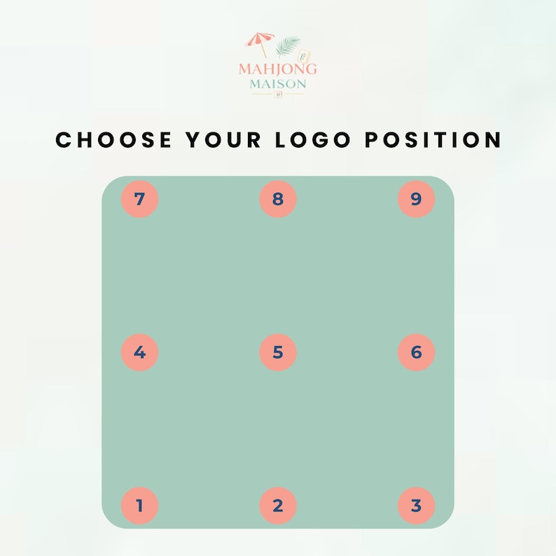 May include: A graphic with the text "CHOOSE YOUR LOGO POSITION" above a light green square. The square has nine numbered circles, indicating logo placement options. The top left corner has the number 7.
