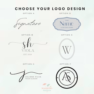 May include: A graphic featuring six logo design options. The text "CHOOSE YOUR LOGO DESIGN" is at the top. Options include cursive signatures, initials, and circular designs. Each design is labeled with a letter from A to F.
