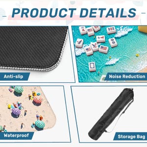 May include: A product details graphic featuring a black anti-slip mat texture, mahjong tiles on a beach-themed surface for noise reduction, a waterproof beach scene with umbrellas, and a black cylindrical storage bag with a shoulder strap.