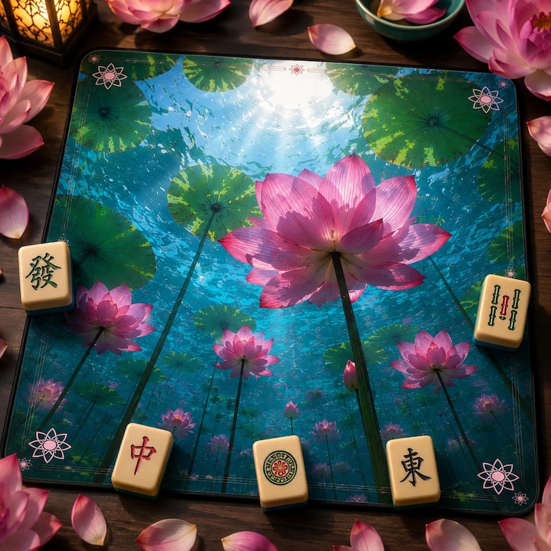 May include: A Mahjong game set with a floral theme. The game board features a vibrant underwater scene with pink lotus flowers and lily pads. Ivory-colored tiles with Chinese characters and symbols are scattered around the board. Surrounding the board are pink lotus flowers and petals.