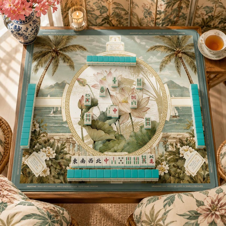 Puede incluir: Un juego de Mahjong completo con fichas turquesas y una superficie de juego decorativa con una escena tropical con palmeras, flores de loto y veleros. El juego incluye un marco de madera.