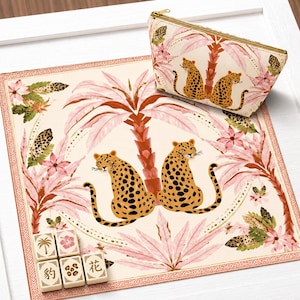 Tropical Leopard Mahjong Mat| Symmetrical Cheetah Decor | Pink Botanical Accents Mahj Gift | Anti-Slip Table Cover| SHIPS ROLLED image 1