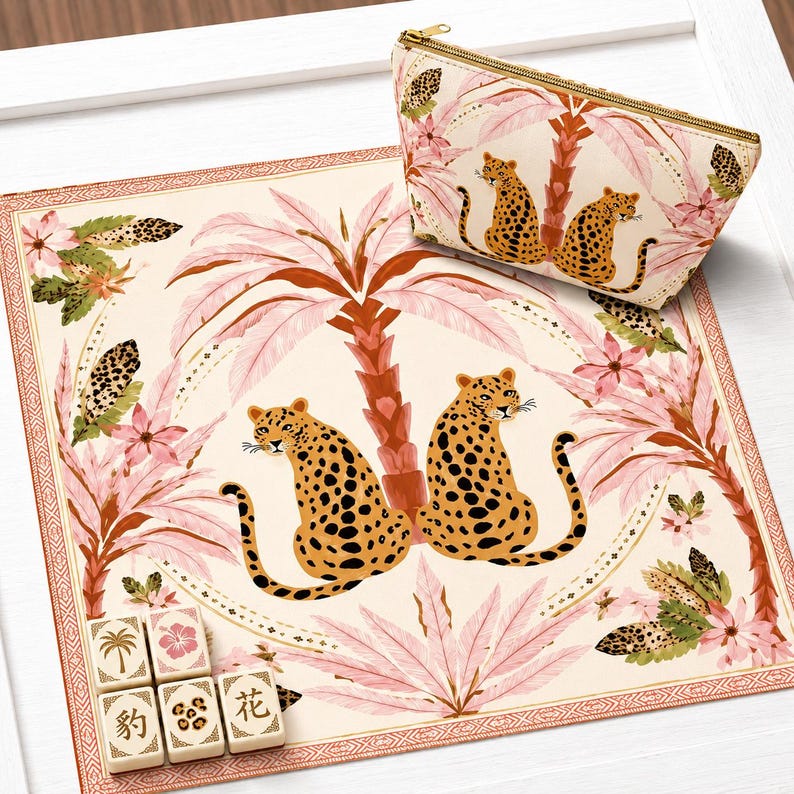 Tropical Leopard Mahjong Mat| Symmetrical Cheetah Decor | Pink Botanical Accents Mahj Gift | Anti-Slip Table Cover| SHIPS ROLLED image 1