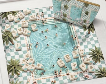 Poolside Mahjong Mat, Palm Springs Retro Summer Design, Luxury Game Table Runner