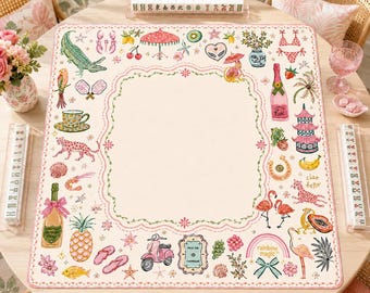 Różowa mata do mahjonga Resort, Fantazyjna mata do mahjonga na wakacje, Tropikalny prezent dla Grandmillennial Mahjong, Antypoślizgowy pokrowiec na stół, WYSYŁKA ZWIJANA