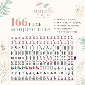 Puede incluir: Un juego de 166 fichas de Mahjong con varios s&iacute;mbolos y caracteres. El juego incluye fichas con puntos, bams, grietas, dragones, vientos, flores, comodines y fichas de repuesto en blanco. Logotipo de Mahjong Maison.