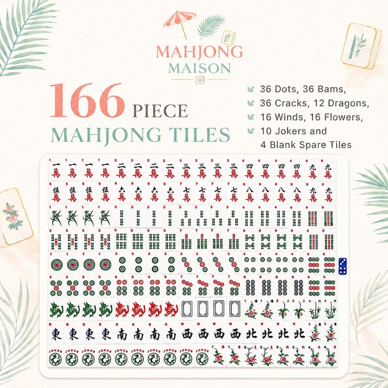 Puede incluir: Un juego de 166 fichas de Mahjong con varios s&iacute;mbolos y caracteres. El juego incluye fichas con puntos, bams, grietas, dragones, vientos, flores, comodines y fichas de repuesto en blanco. Logotipo de Mahjong Maison.