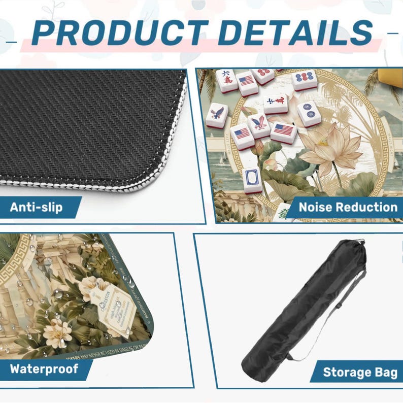 Puede incluir: Imagen de detalles del producto: una alfombra antideslizante e impermeable con reducci&oacute;n de ruido. La alfombra presenta un dise&ntilde;o floral y viene con una bolsa de almacenamiento. Tambi&eacute;n se ven fichas de Mahjong.