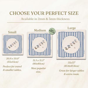 May include: Image shows three square placemats in different sizes: small, medium, and large. Each features a blue and white striped border and a central circular design with beach umbrellas and figures. The text "CHOOSE YOUR PERFECT SIZE" is at the top.