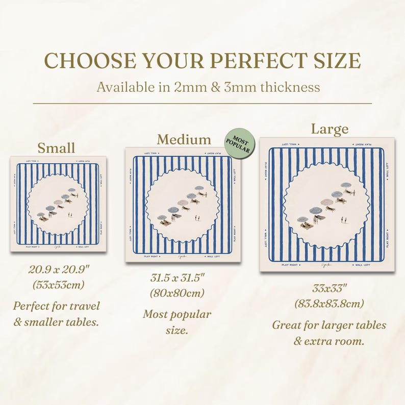 May include: Image shows three square placemats in different sizes: small, medium, and large. Each features a blue and white striped border and a central circular design with beach umbrellas and figures. The text "CHOOSE YOUR PERFECT SIZE" is at the top.