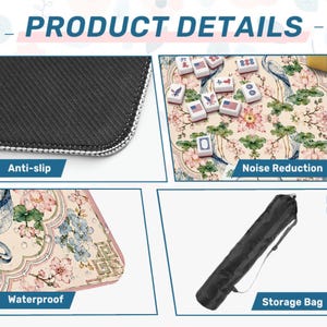 May include: Product details image. The image shows a close-up of a black anti-slip surface, a floral patterned surface with mahjong tiles, and a black storage bag. The text in the image says "Product Details", "Anti-slip", "Noise Reduction", "Waterproof", and "Storage Bag".