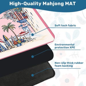 May include: A rectangular Mahjong mat featuring a beach scene with palm trees, surfboards, and umbrellas. The mat is composed of three layers: a soft tech fabric top, an environmental protection XPE middle layer, and a non-slip thick rubber foam backing.