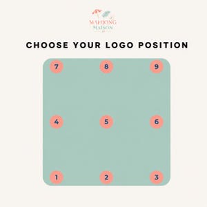 May include: A light green square graphic featuring the text "CHOOSE YOUR LOGO POSITION" and the "MAHJONG MAISON" logo. Nine pink circles numbered one through nine are arranged in a three-by-three grid pattern to indicate placement options.